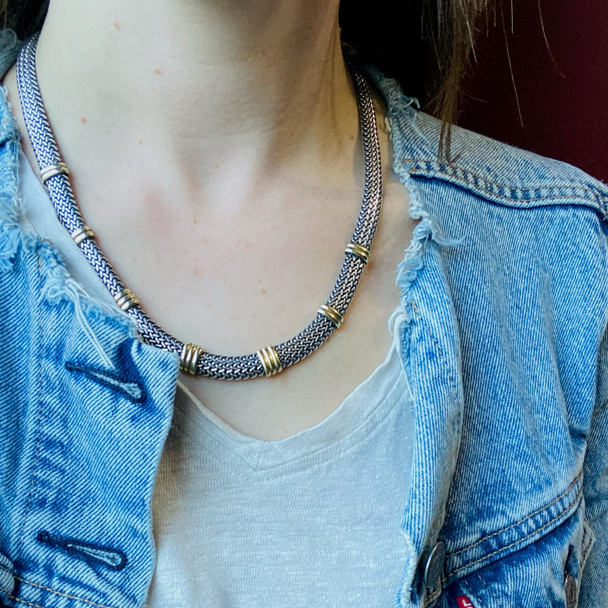 Elegant 80's Italian Gold & Silver Mesh Necklace