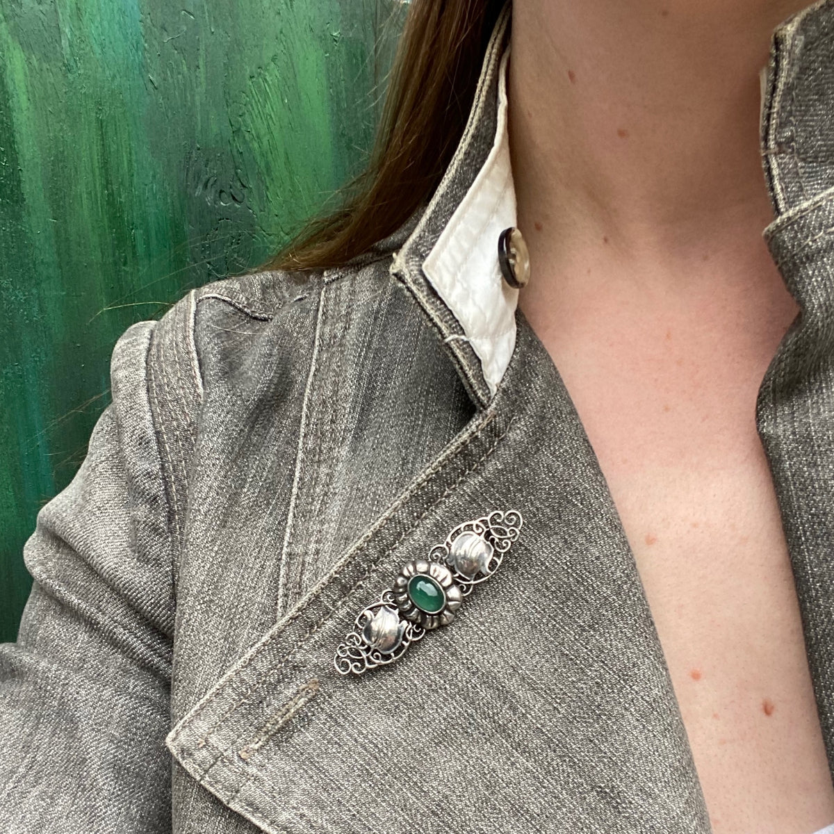 Swedish Brooch in Silver and Green Chalcedony