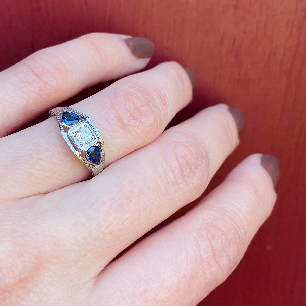 Old Euro Diamond & Pear-Cut Sapphire Dreamy Deco Ring