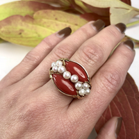 Signed Ming's Red Coral and Pearl Gold Ring
