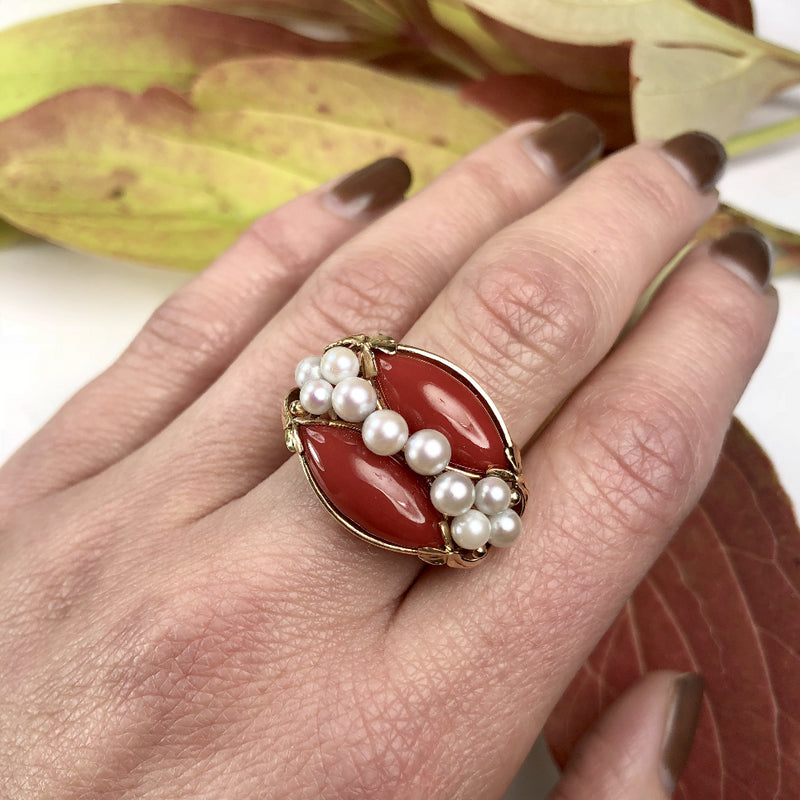 Signed Ming's Red Coral and Pearl Gold Ring