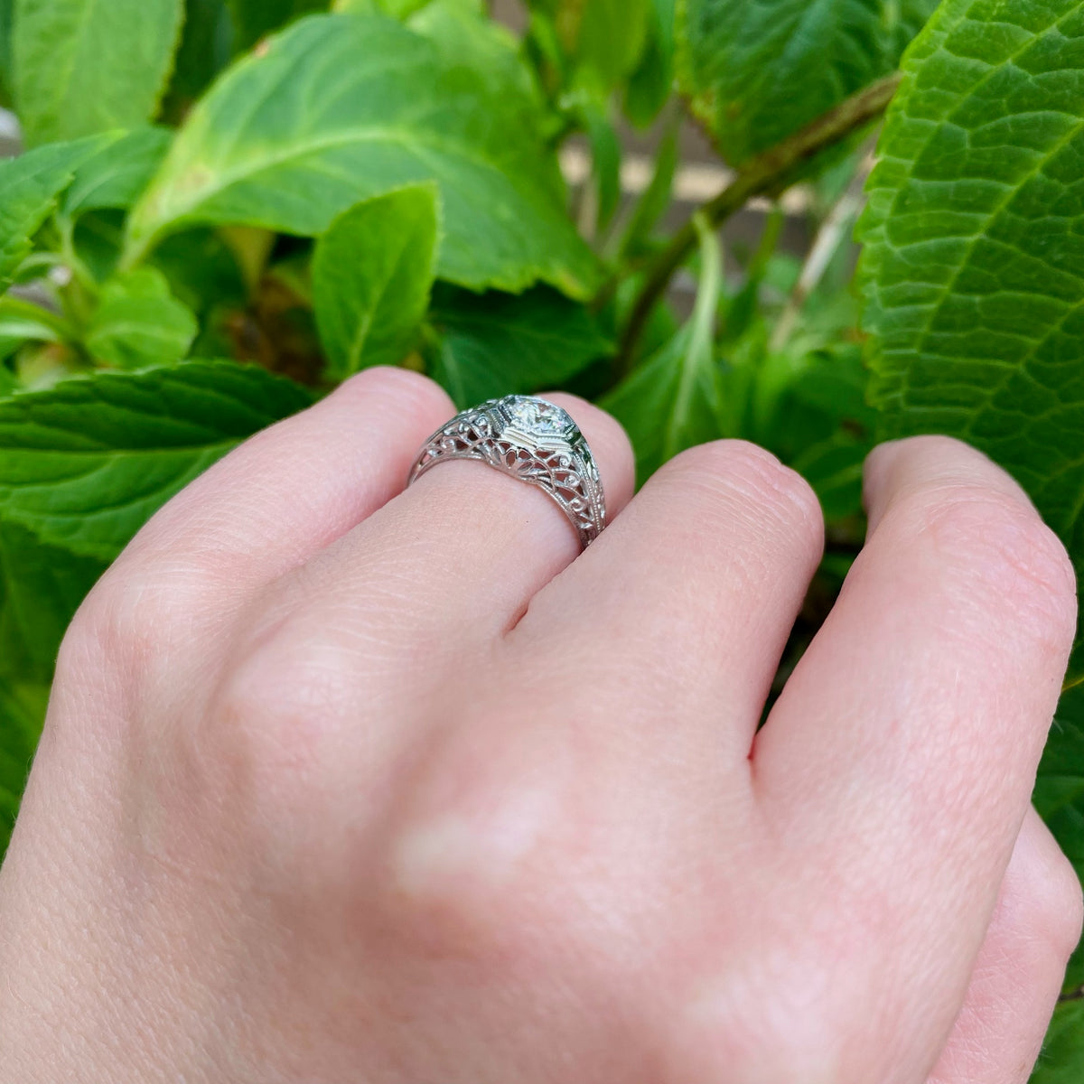 Romantic Engraved Filigree Diamond Solitaire Ring