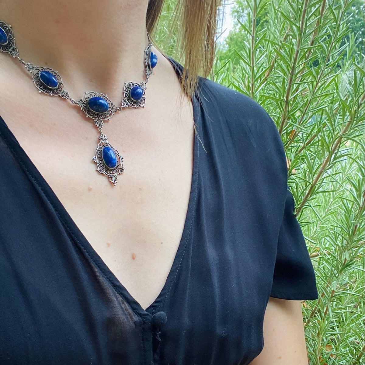 Elaborate Edwardian Lapis & Silver filigree Necklace