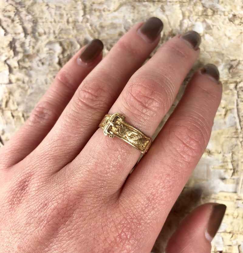 English Buckle ring with hand engraved leaf design Hallmarked 1878