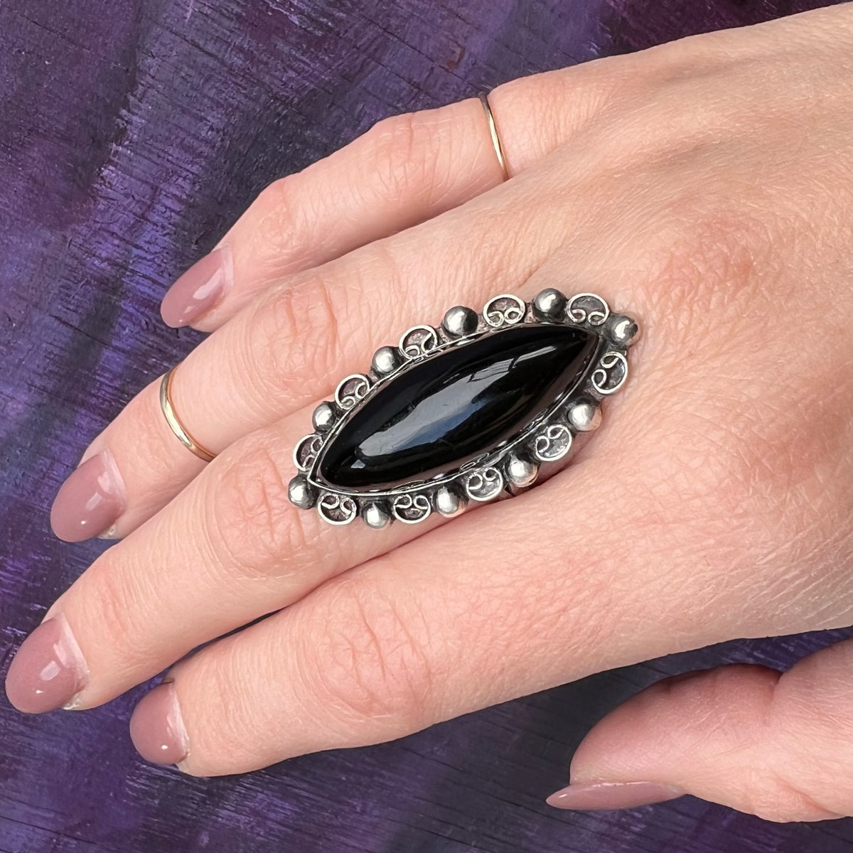 Dramatic Onyx Navette in Mexican Silver Ring