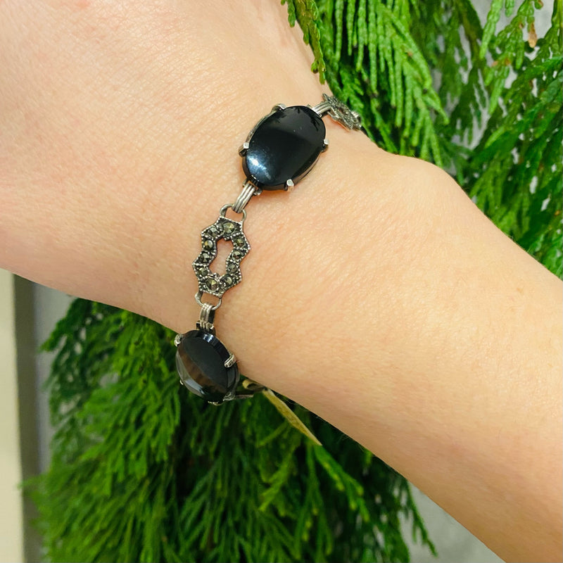 Dark and Sparkly Onyx and Marcasite Bracelet