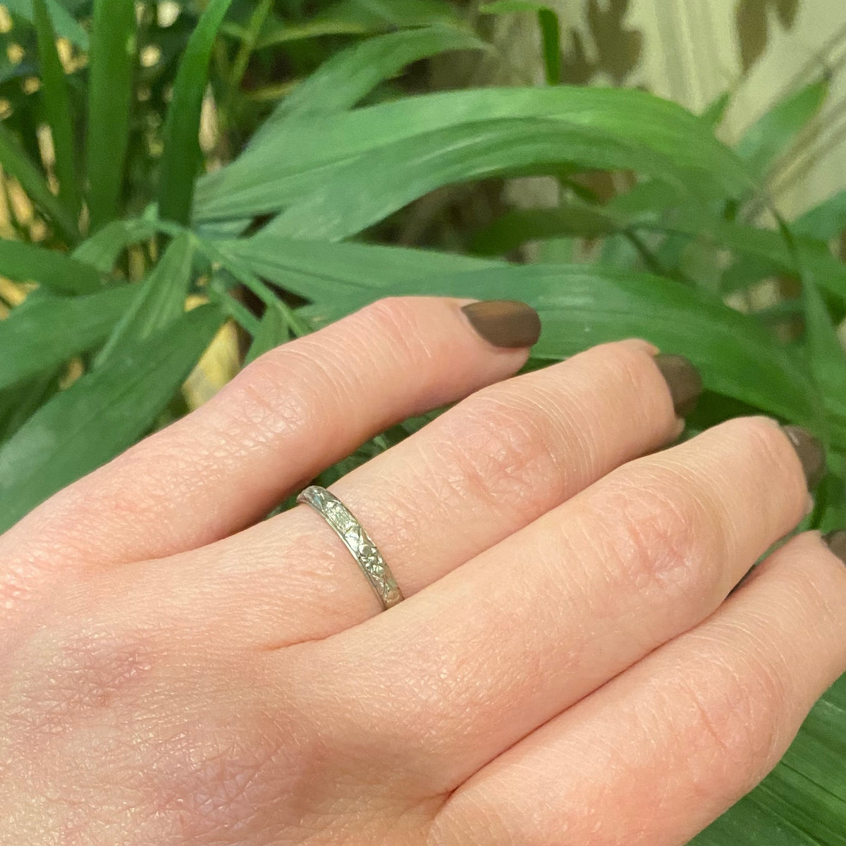 Floral Art Deco Wedding Band in White Gold