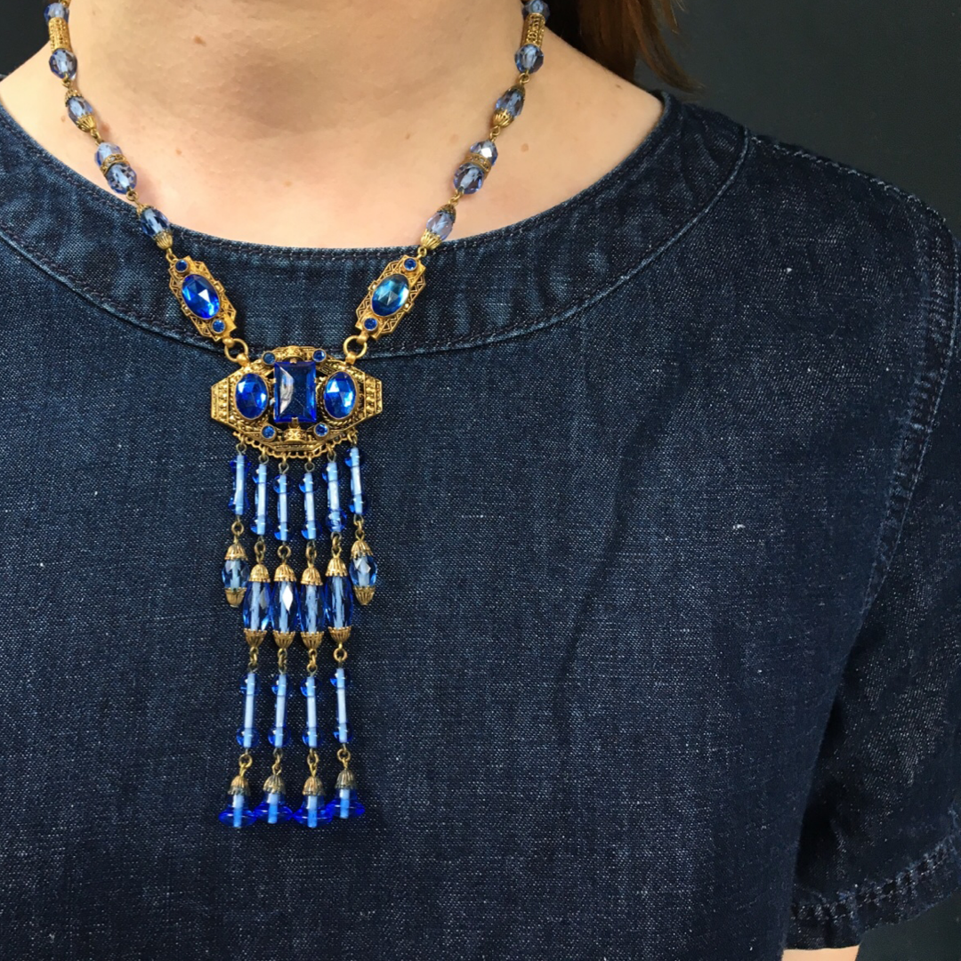 Sparkling Blue Vintage Czech Necklace with Fringe