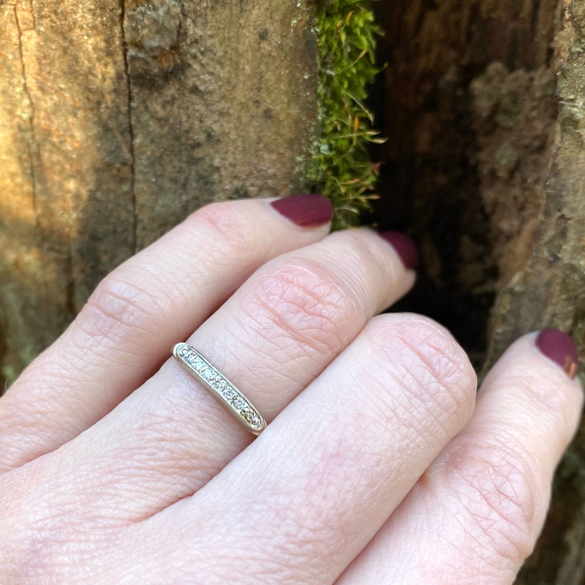 Two Tone Diamond Band with Forget Me Nots