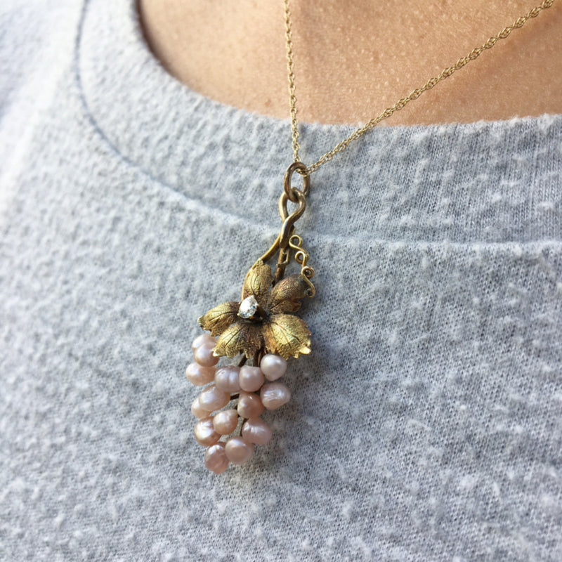 Antique Grape Pendant Pink Pearls Diamond and Gold