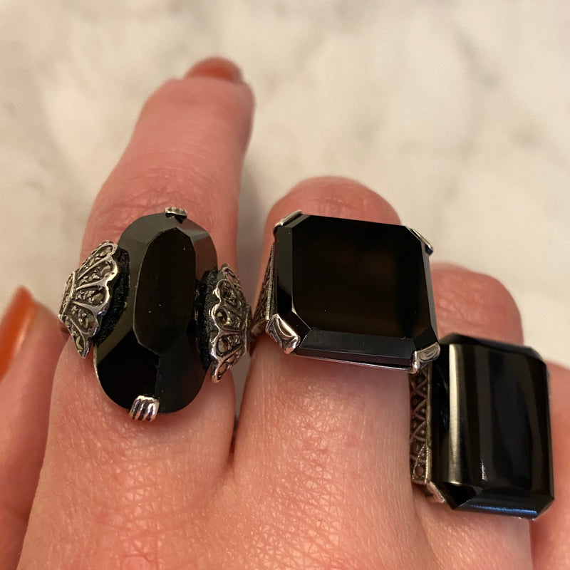 Onyx and Marcasite Sterling Art Deco Ring