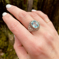 Platinum Aquamarine and Rose Cut Diamond Ring