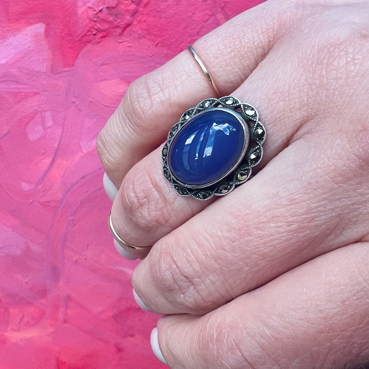 Sweetheart Chalcedony & Marcasite Art Deco Ring