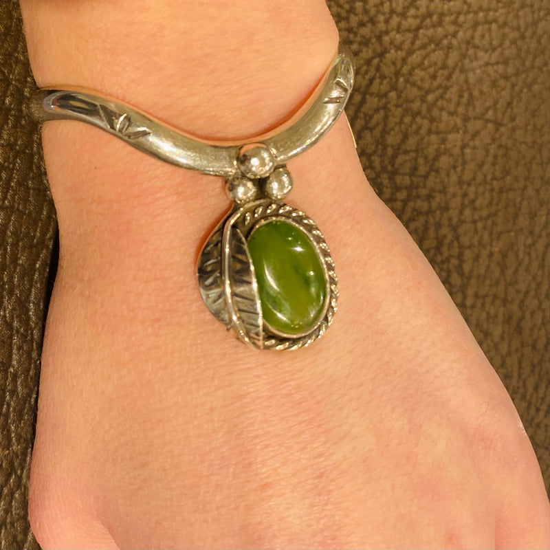 Glossy Green Jade & Sterling Silver Cuff Bracelet