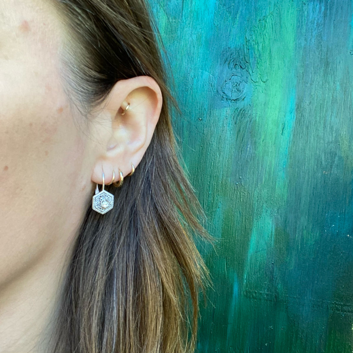 Filigree Hexagon Diamond Set Lever Back Earrings