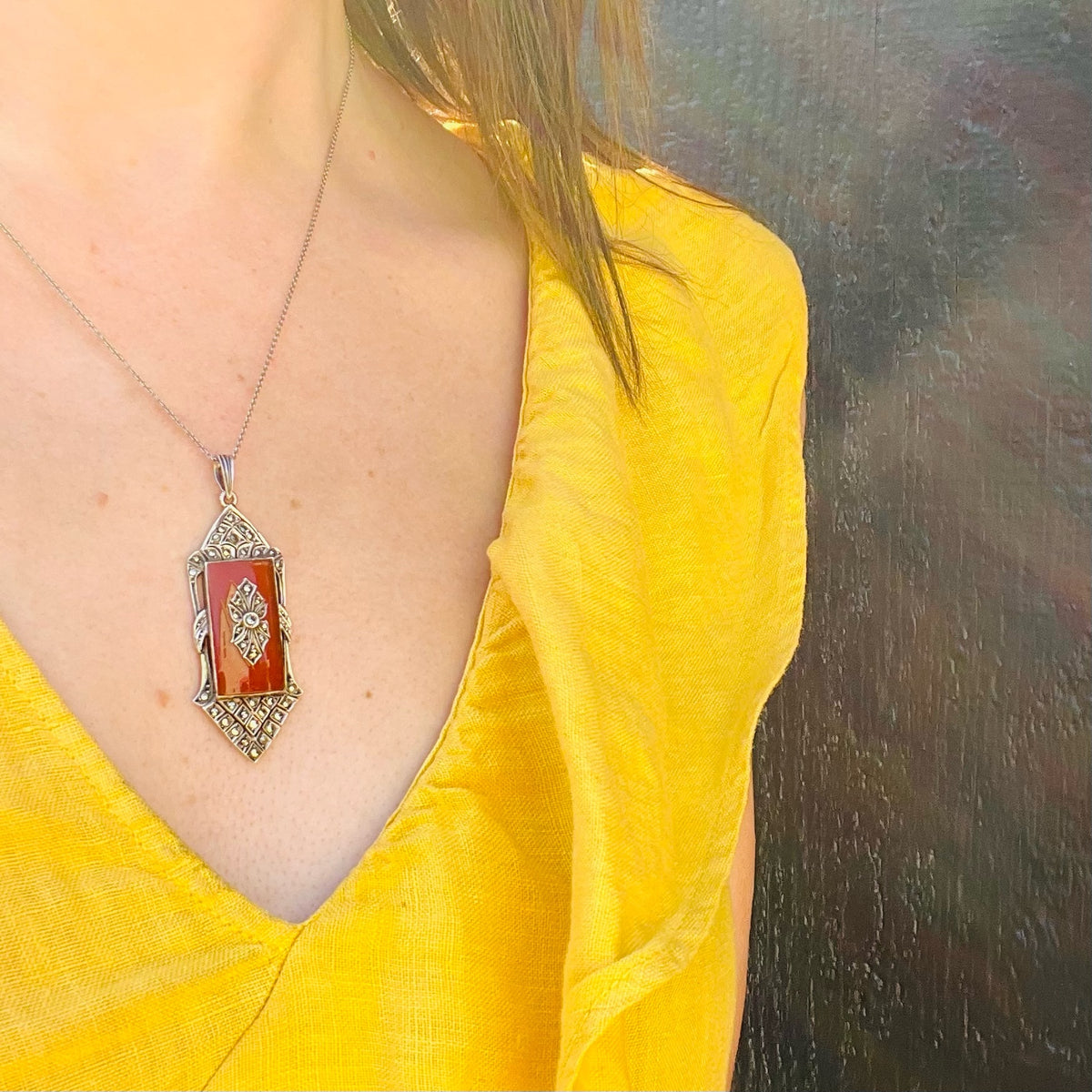 Lovely German Deco Pendant in Silver, Carnelian & Marcasite
