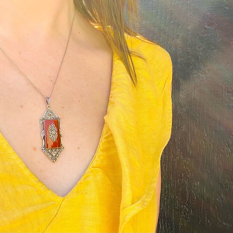 Lovely German Deco Pendant in Silver, Carnelian & Marcasite