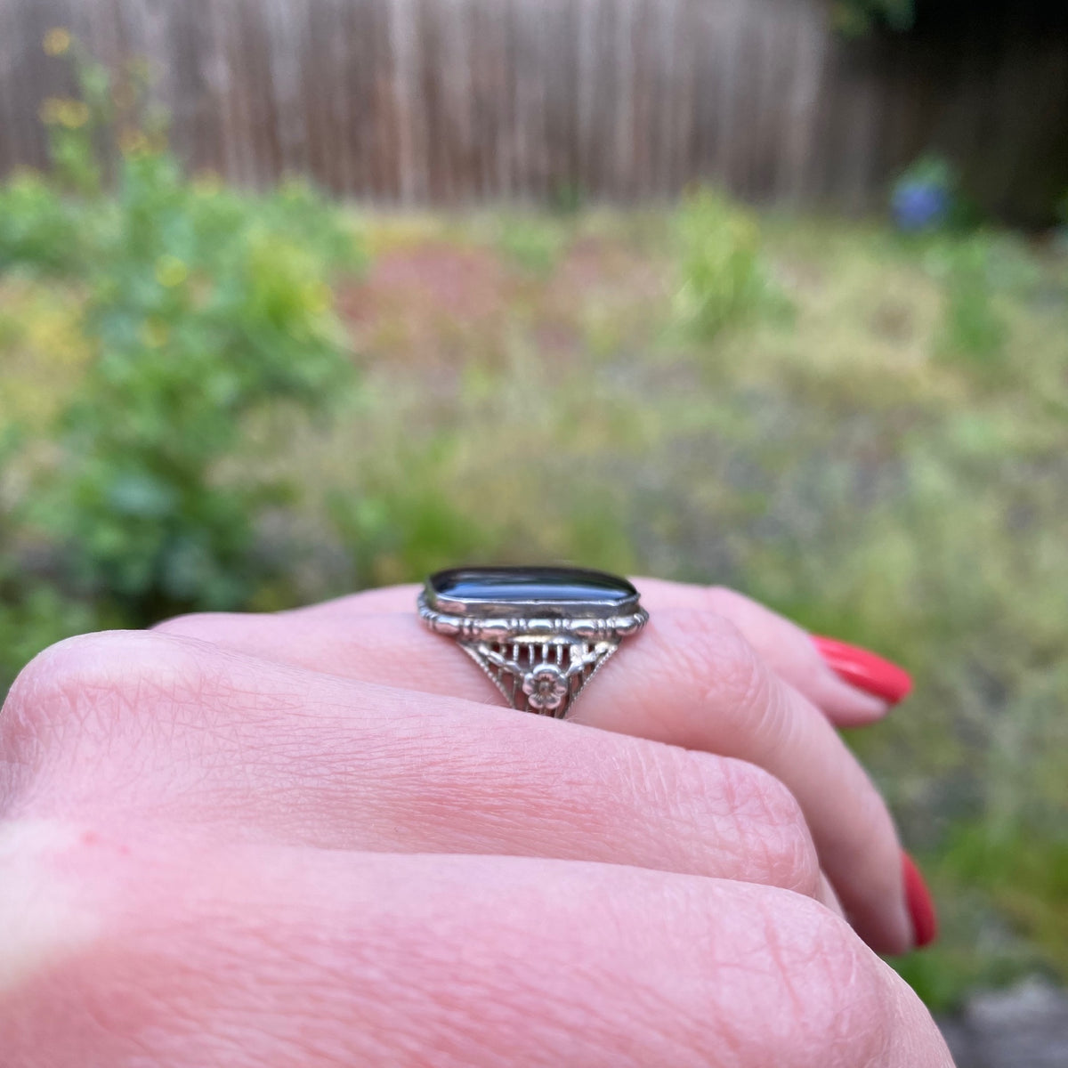 Romantic Sterling Filigree & Onyx Ring