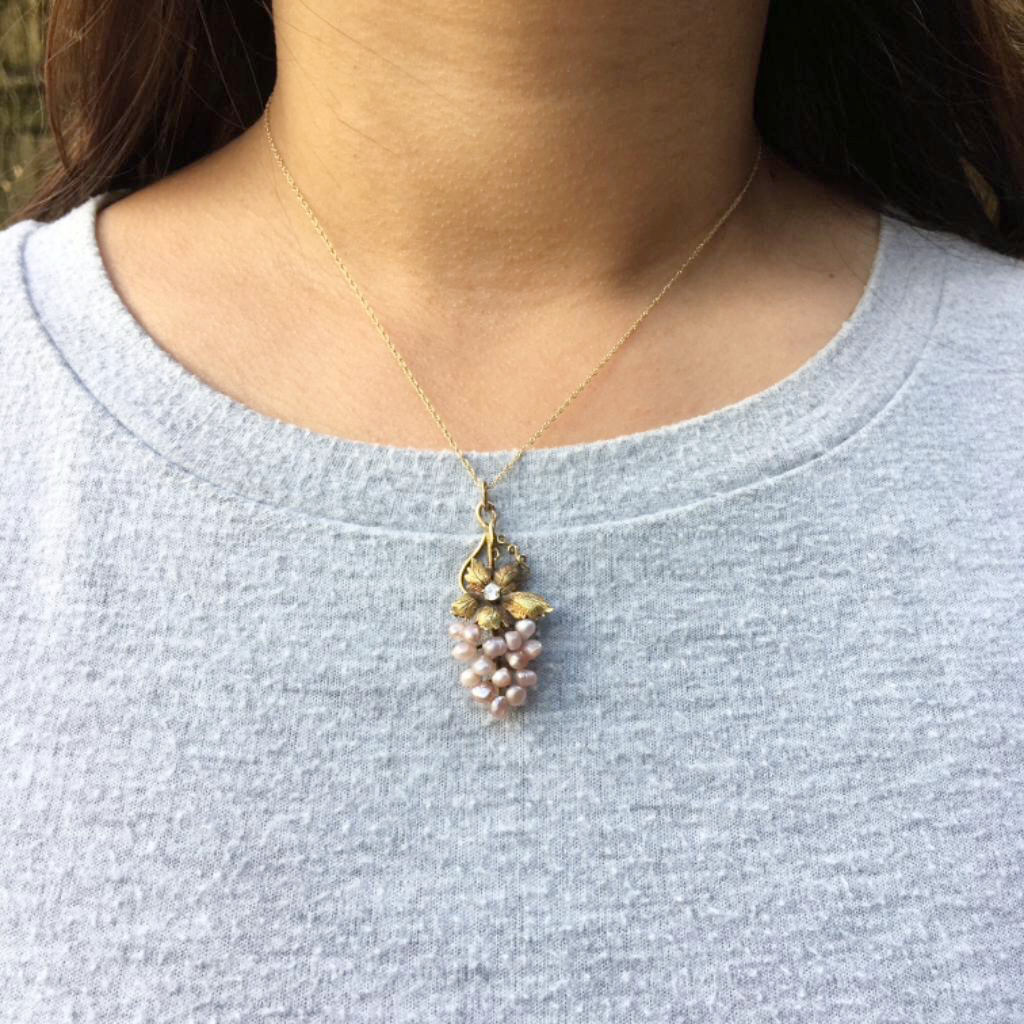 Antique Grape Pendant Pink Pearls Diamond and Gold