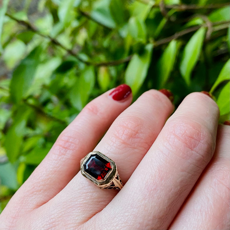 Emerald Cut Garnet in Art Deco Gold Ring