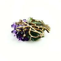 Bouquet Brooch Beautiful Carved Amethyst & Jade in 14k Yellow Gold