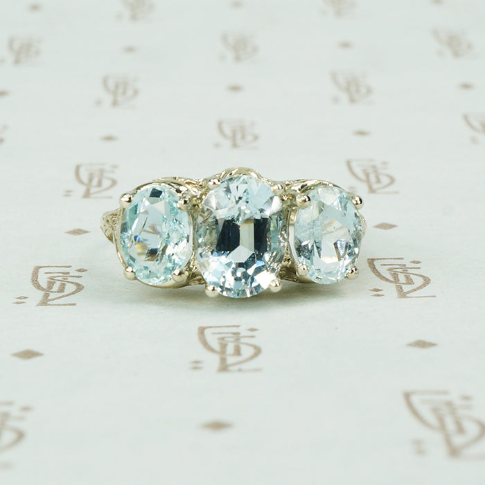 3 oval aqua ring 14k white gold filigree