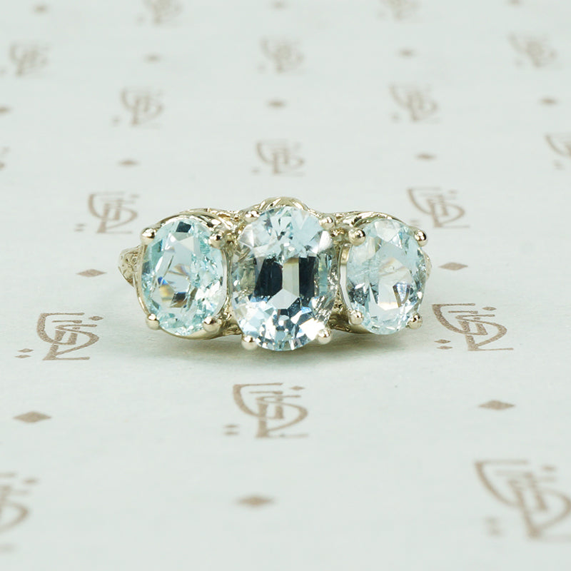 3 oval aqua ring 14k white gold filigree