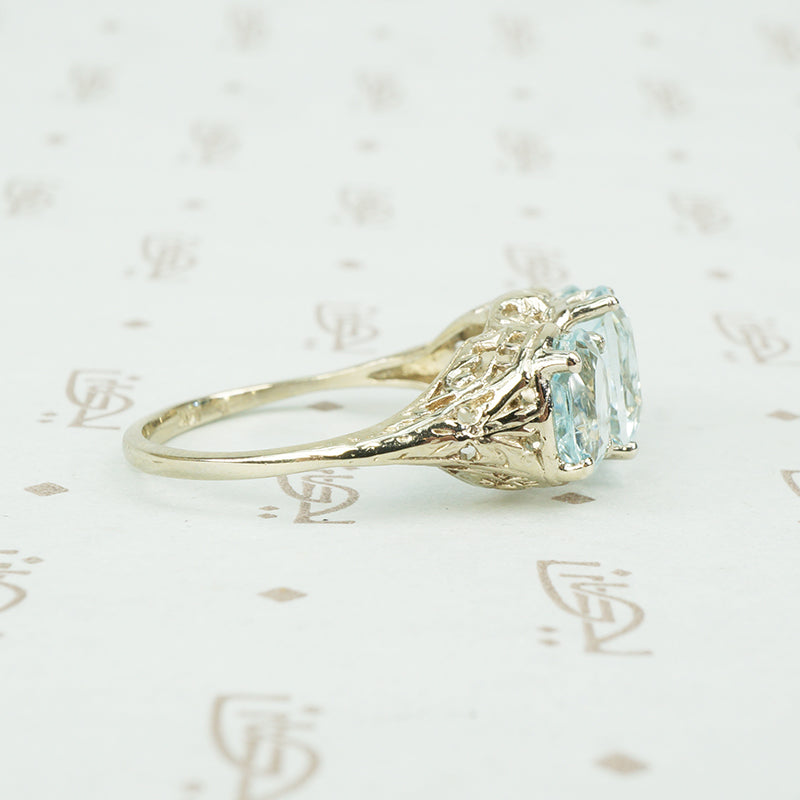 3 oval aqua ring 14k white gold filigree