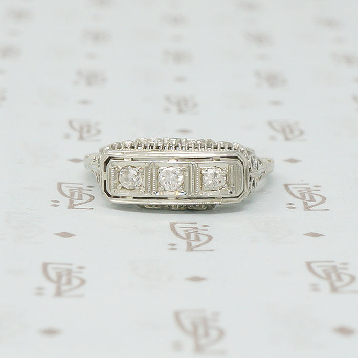 3 diamond filigree white gold ring