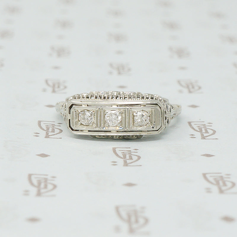 3 diamond filigree white gold ring