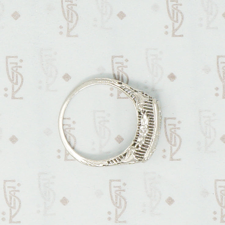 3 diamond filigree white gold ring floral side view