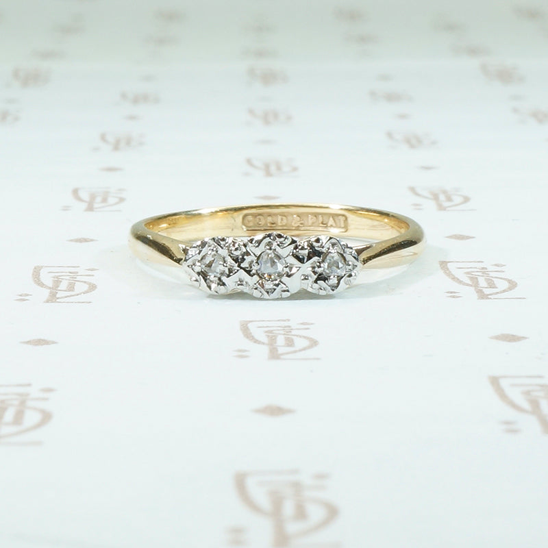 3 rose cut diamonds set in platinum and 18k yellow gold ring circa 1930