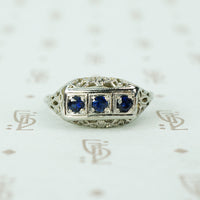 Vintage 3 blue sapphire white gold filigree ring