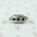 Vintage 3 blue sapphire white gold filigree ring