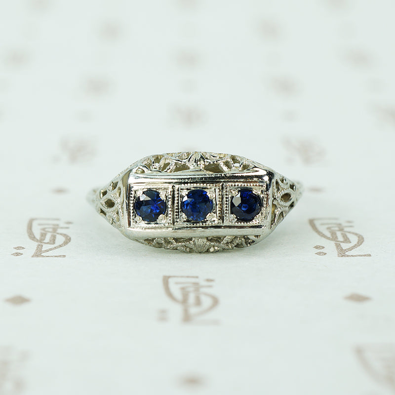 Vintage 3 blue sapphire white gold filigree ring