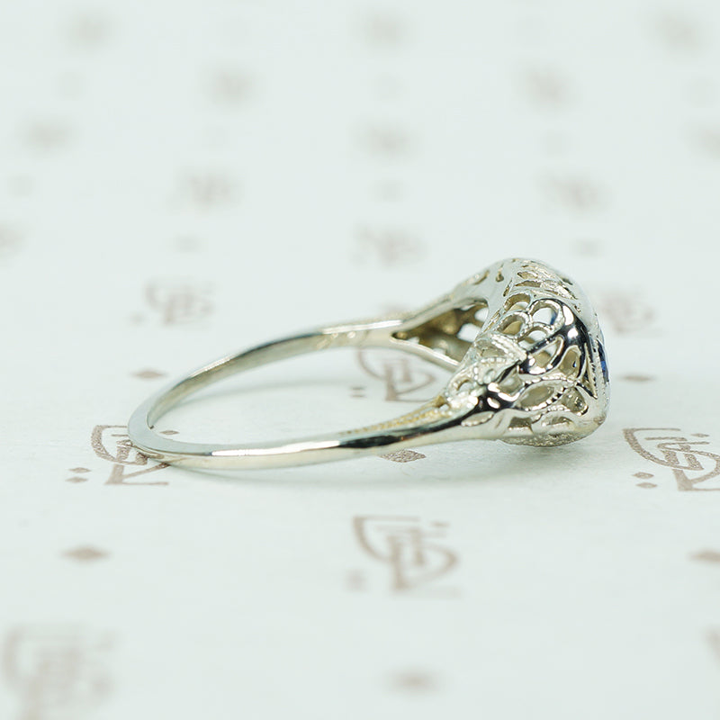 Vintage White Gold Filigree and Sapphire Ring
