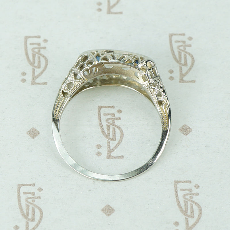 Vintage White Gold Filigree and Sapphire Ring