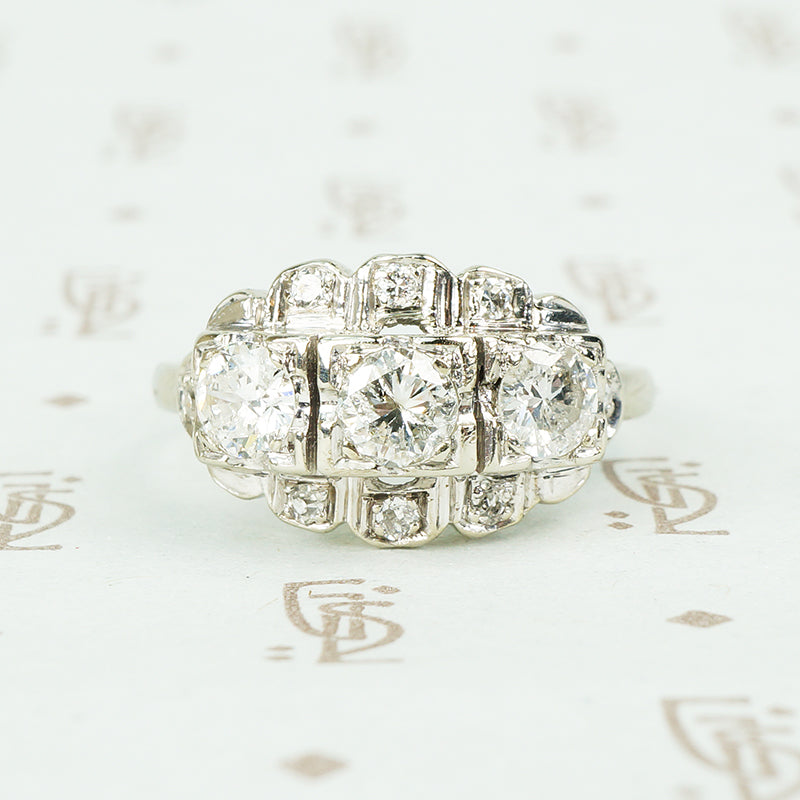 3 stone 1930's diamond and 14k white gold ring