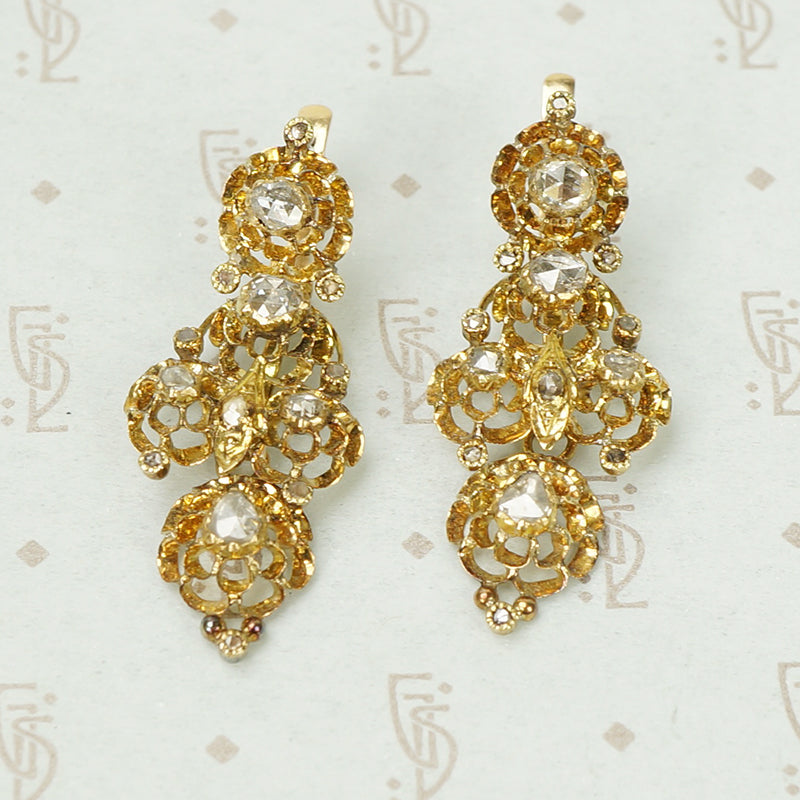 Spectacular Antique 18k Yellow Gold and Rose Cut Diamond Earrings