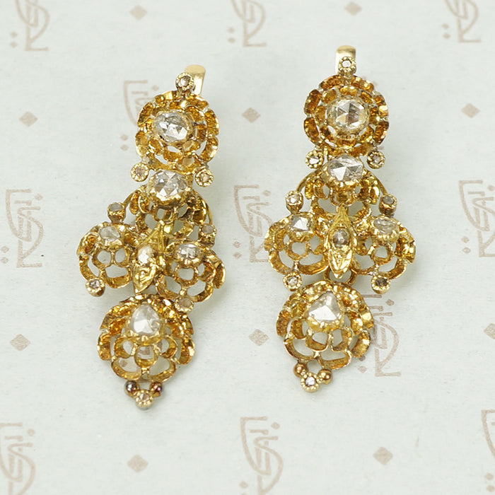 Spectacular Antique 18k Yellow Gold and Rose Cut Diamond Earrings