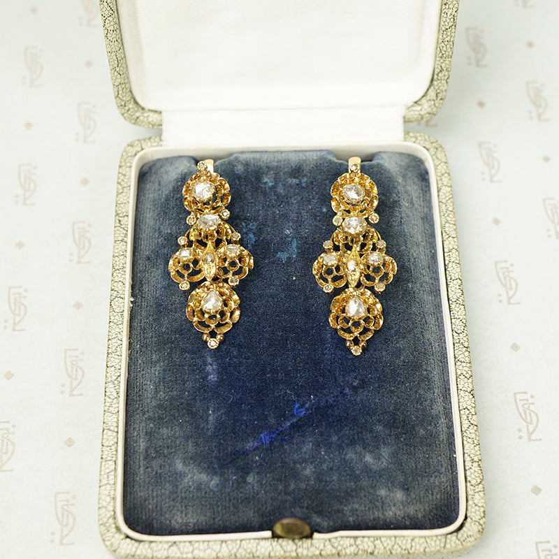Spectacular Antique 18k Yellow Gold and Rose Cut Diamond Earrings