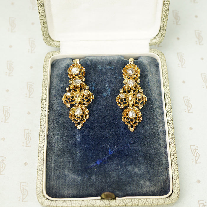 Spectacular Antique 18k Yellow Gold and Rose Cut Diamond Earrings
