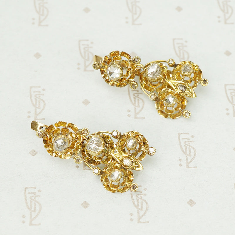 Spectacular Antique 18k Yellow Gold and Rose Cut Diamond Earrings