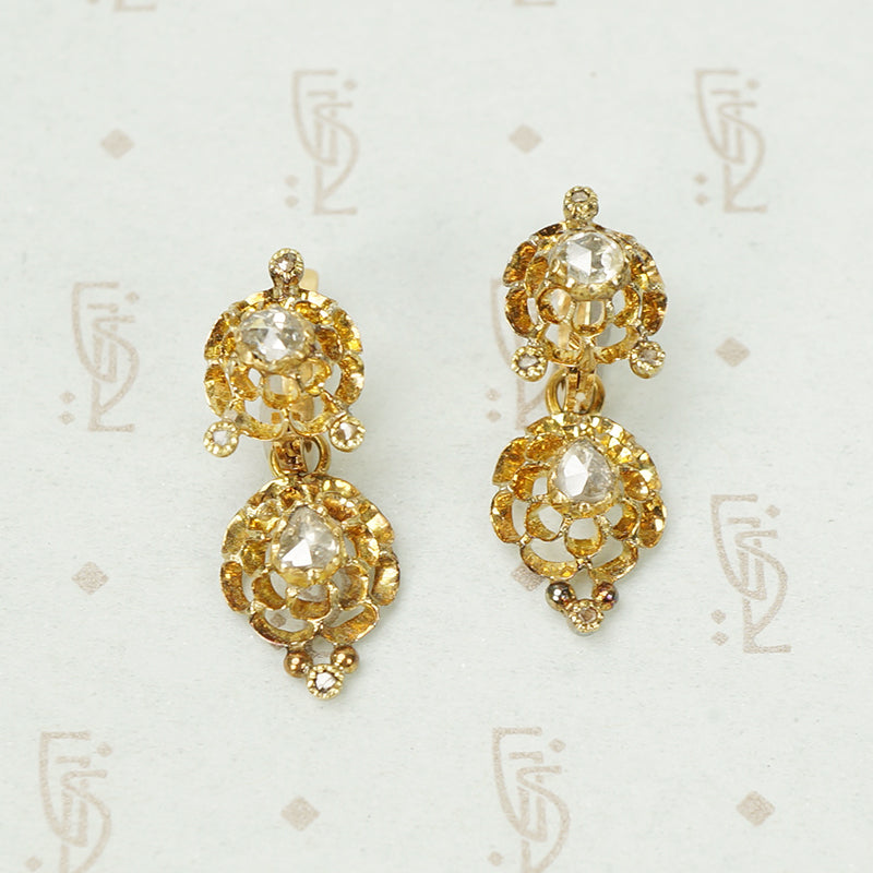 Spectacular Antique 18k Yellow Gold and Rose Cut Diamond Earrings