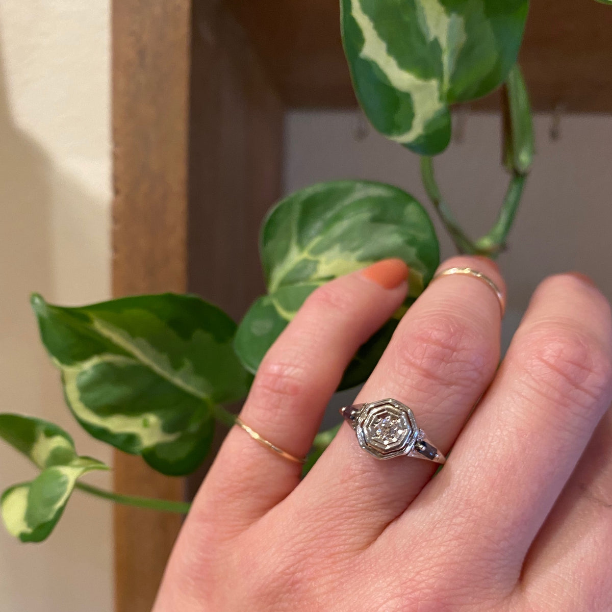 Filigree Deco Diamond Ring with Sapphire Accents