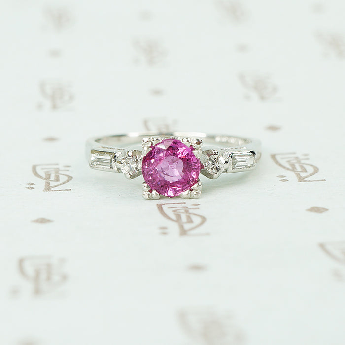 platinum diamond engagement ring with 1 carat pink sapphire circa 1940
