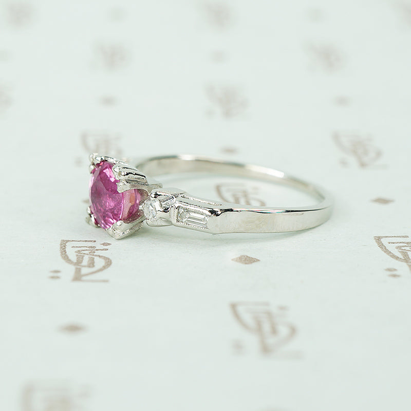 platinum diamond engagement ring with 1 carat pink sapphire circa 1940