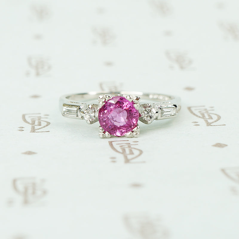 platinum diamond engagement ring with 1 carat pink sapphire circa 1940