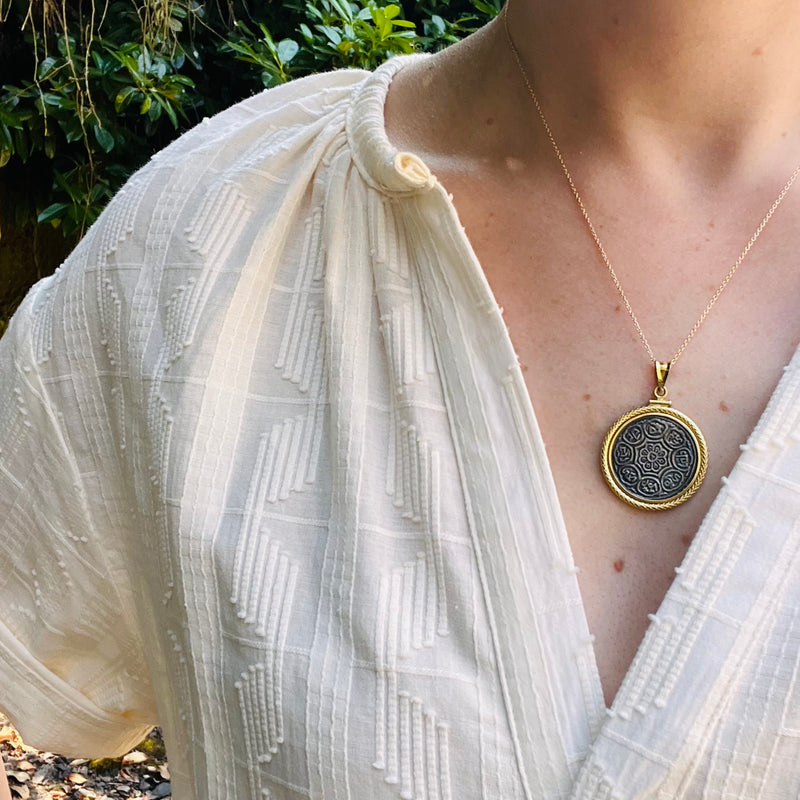 Antique Tibetan Ga-den Tangka Coin in 18k Pendant