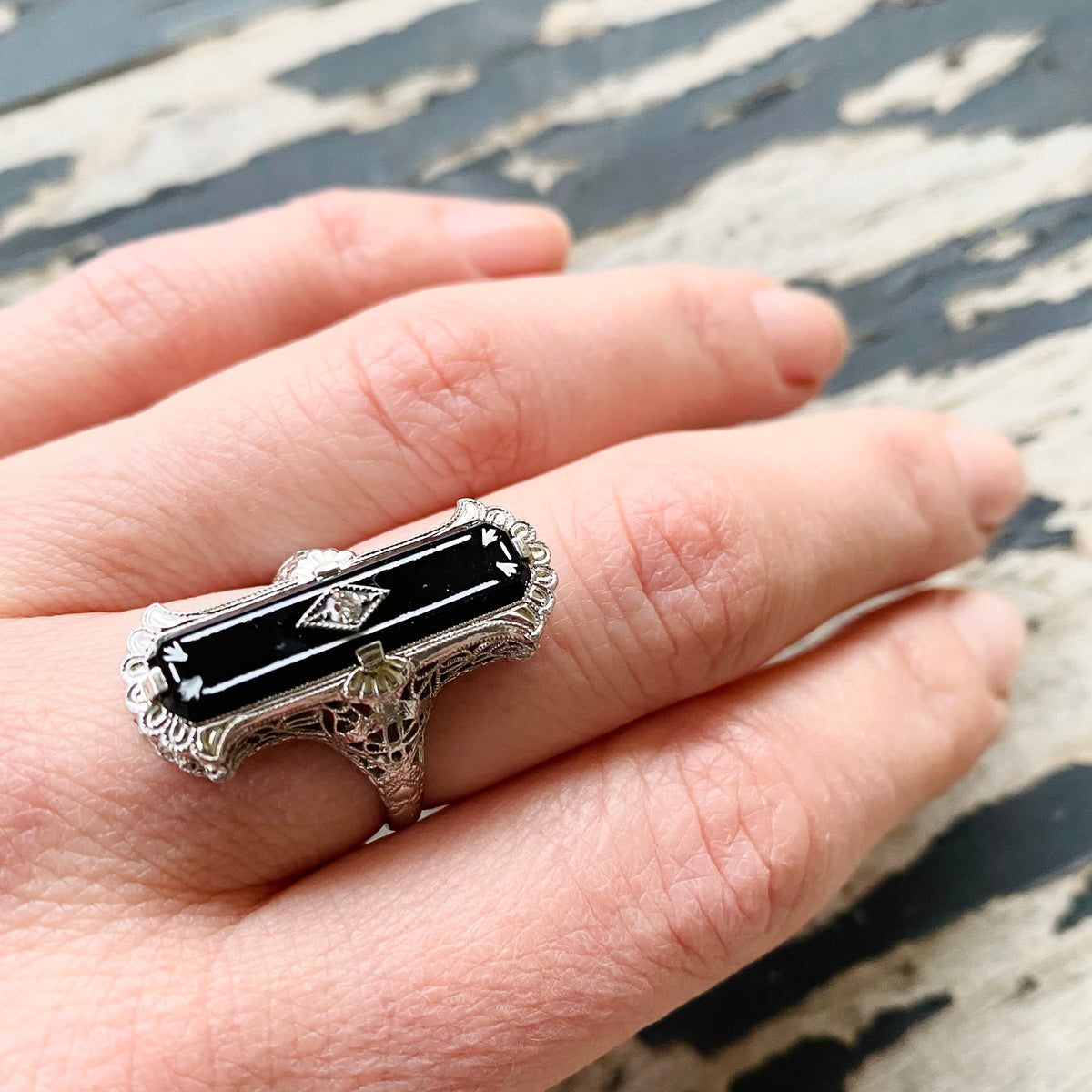 Exceptional Art Deco Enameled Onyx Filigree Ring